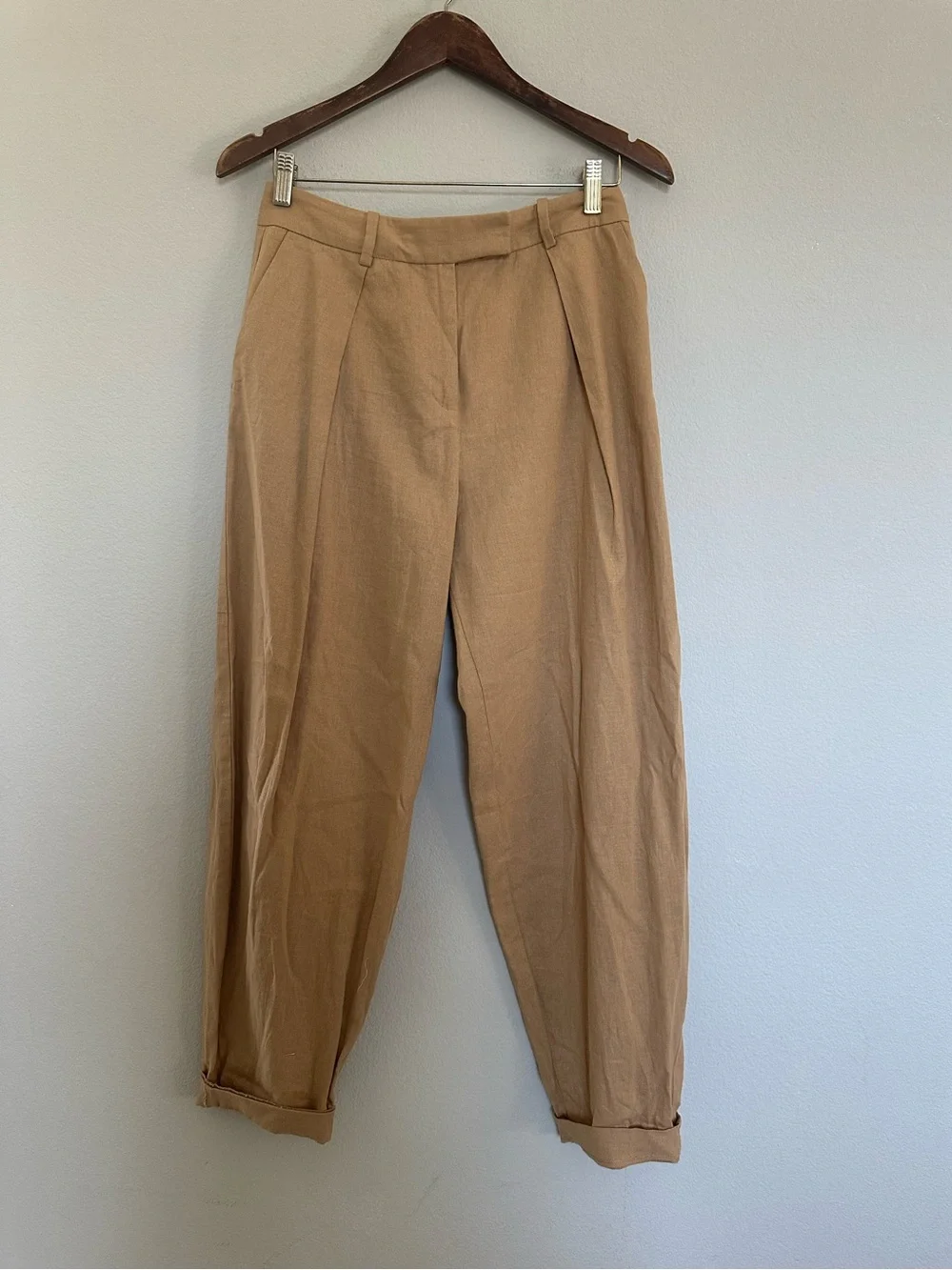 Zara Linen Blend Cuffed Tan Trouser Pants size Small